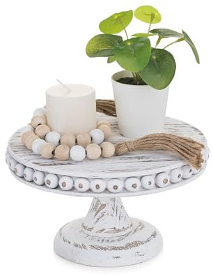 Hanobe Small Wood Cake Stand: White Cupcake Pedestal Stand 8 inch Dessert Display Riser Rustic Round Cakes Holder Tray Vintage Beads Wooden Plate for Wedding Birthday Decor