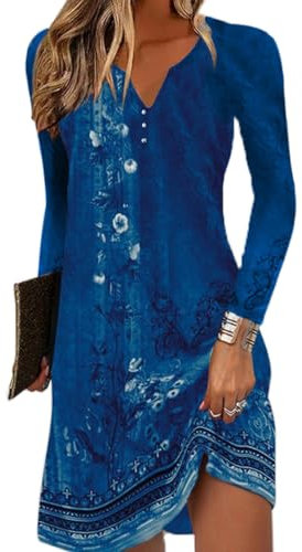 Yeenily Robe Décontractée à Manches Longues Femme Col Rond Bohème Fleurie MiniRobe Robe Imprimé Lâche Tunique Robe(Bleu foncé,M)