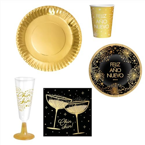 PARTYLOSOPHY Kit Vajilla de cartón Desechable con decoración y temática navideña con diseño de Nochevieja para 6 Personas – Pack para 6 Personas. Decoración Mesa Navidad Nochevieja.