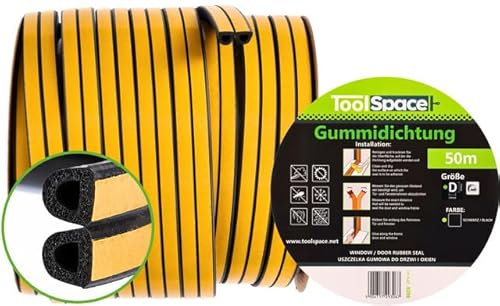 ToolSpace | Selbstklebendes Dichtungsband für Türen und Fenster | 50m | D Profil Schwarz | Garagendichtung | Fensterdichtung | Anti-Kollision Dichtungsstreifen | Gummidichtung | Schaumsiegelstreifen