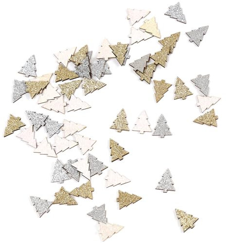 Oblique Unique® Holz Streudeko Weihnachtsmotive Winter Glitzer Tisch Deko für Advent Weihnachten Weihnachtsdeko (Glitzertannenbäume)