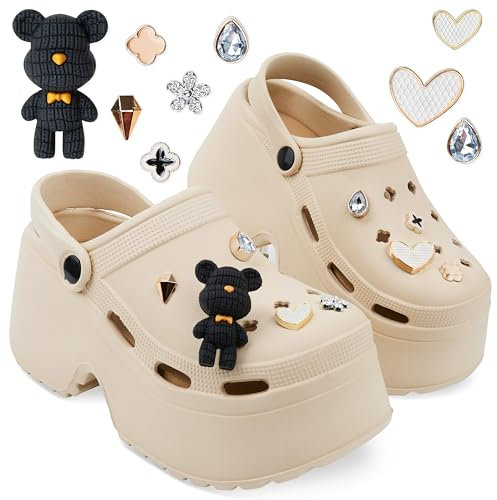 CityComfort Platform Clogs Damen, Sommerschuhe mit Ansteckern & Schuh Schmuck (Beige, 36-37 EU)