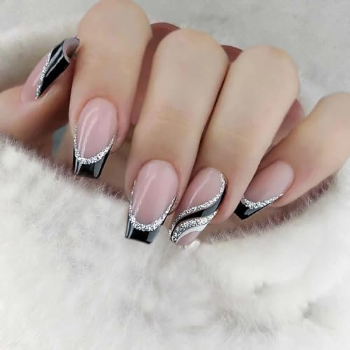 LLGSDLL 24 Stück Ballerina French Künstliche Nägel, Rosa mit Schwarz Streifen, Acryl, Schimmernd, Vollabdeckung, Halb Nagelspitzen, 12 Größen, 1er Pack