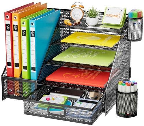Marbrasse Desk Organiser Tray,5-Tier Paper Letter Tray Organiser with Drawer,2 Pen Holders,Mesh Desktop Organizer Accessories Storage for Home Office Supplies(Black Single Side Book Stand)