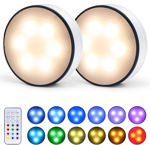 GIACOMO LED Sans Fil Lampe de Placard 13 Couleur, 4 Mode Adhesive Spot LED à Pile Avec Telecommande Couleur rgb Lumiere Pour Armoire (blanc, 2 lampe + 1 télécommande)