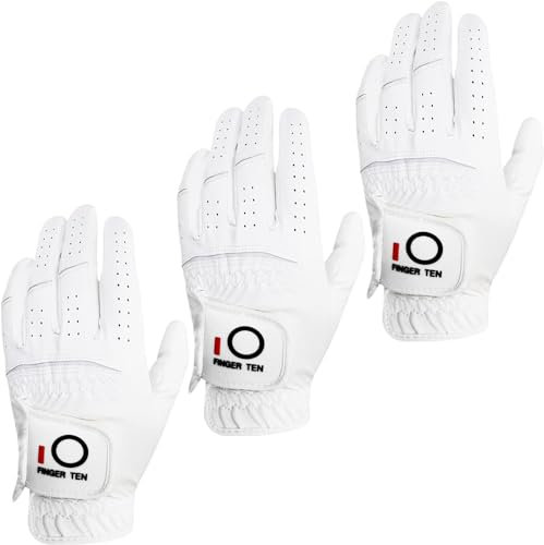 FINGER TEN Golf Handschuhe Männer Linke Hand Regengriff Handschuh für rechtshändige Golfer Wert 3 Pack, alle Wetter Haltbare Griff Größe Kleine Mittelgroße XL (Weiß, Large, Links)