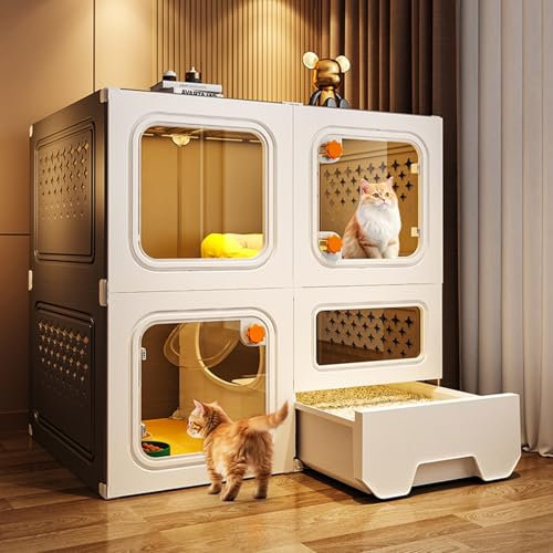 Large Indoor Cat Enclosure, 2 Tiers Cat Catio Cat House with Transparent Windows and Knob Locks, Multi-Feature Enclosed Cat Condo with Cat Litter Box Drawer for Indoor Cats(Gray,70 * 45 * 70cm)