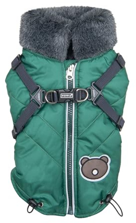 Puppia Isolde Winterpullover mit Stehkragen und durchgehendem Reißverschluss, mit integriertem Geschirr für kleine und mittelgroße Hunde, Grün, Größe M