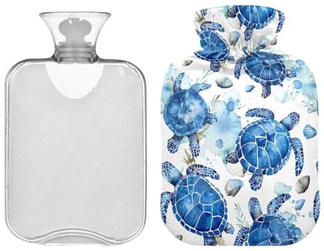 Wasserfarben-Wärmflasche mit blauem Schildkröten- und Muschel-Design, 1 l, für den Winter, tragbare Wärmflasche für Menstruationskrämpfe, Nacken- und Schulterschmerzlinderung