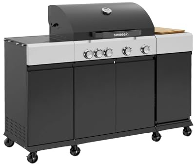 sweeek - Barbecue gaz 4 brûleurs + 1 feu latéral MAXIM noir. Acier. thermomètre intégré. récupérateur de graisse. grille de chauffe. L 145.5 x P 61.5 x H 143.5cm