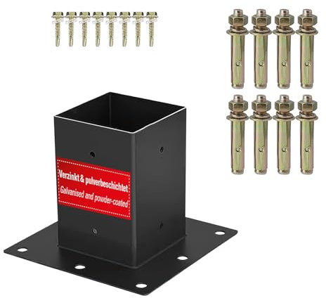 SOTECH Aufschraubanker 90 x 90 mm vierkant Stahl verzinkt und schwarz pulverbeschichtet für höchsten Korrosionsschutz, Terrassen Pfostenanker zum Aufschrauben für Aluminium und Holzkonstruktionen