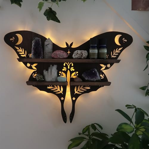 Wooden Wall Decor Crystal Holder,LED Mond-Regal,Rustikale Schwebende Regale,Schmetterling-Regal,Hängende Dekoration,Platzieren Sie ätherische Öle,Kerze,An der Wand des Flurs installiert (Stil 1)