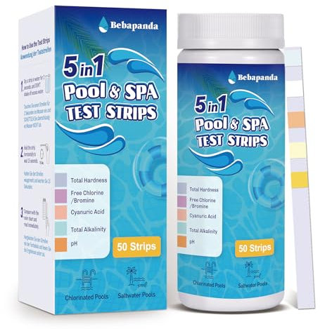 Pool Teststreifen – 5-in-1 50 Stück Teststreifen Pool für Testet Chlor, Härte, Brom, pH für Swimmingpool, Whirlpool,Spa