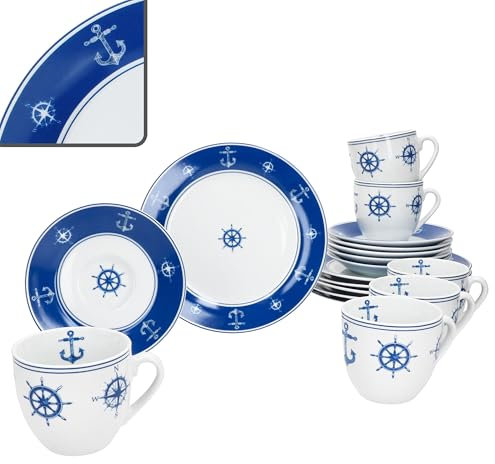 MamboCat Ahoi Servizio da caffè 18 pezzi, stoviglie in porcellana blu e bianco con motivi nautici Anker & Co per 6 persone, 6 tazze da 200 ml, piattini e piatti per colazione e caffè