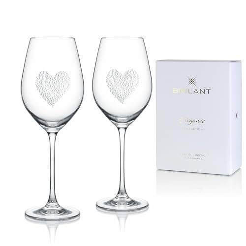 Brilant Lenox Weißweingläser - Herzgravur mit polierten Glaskugeln, Weingläser für Hochzeit und Jubiläum, Moderne Trinkgläser Set mit Geschenkverpackung, Handgefertigt in der EU, 2er Set - 360ml