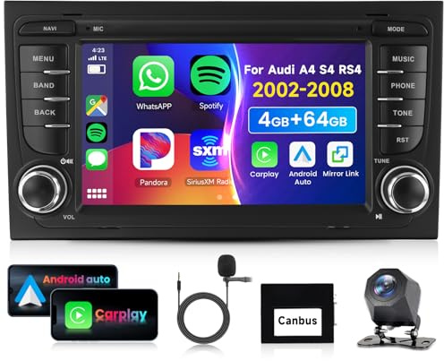 4G 64G VECHTEL 7 Radio para Audi A4 S4 RS4 2002-2008 Carplay Android Auto,Android 15,DSP EQ,Bluetooth WiFi GPS,RDS/FM Radio con cámara de visión Trasera AHD