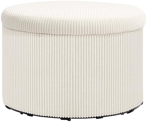 HOMCOM Pouf Coffre Rangement, Tabouret Rond, Pouf Repose-Pieds en Velours côtelé, pour la Chambre à Coucher, entrée, Salon, Charge 120 Kg, Ø 60 x 41 cm, Beige