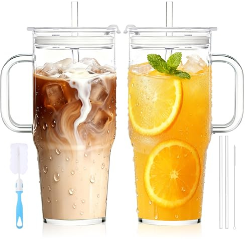 Birity 2Pack 40OZ Glass Tumbler with Handle,Glass Cup with Lid and Straw,Reusable Glass Iced Coffee Cup for Beer, Smoothies, Juice,Hot/Cold Drinks-Suitable for Birthday,Wedding