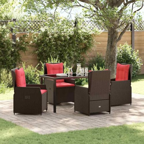 Teenpull Garten Essgruppe 5-teilig, Braun Poly Rattan, verstellbare Stühle, pulverbeschichteter Stahl, wetterfestes Outdoor Dining Set für Terrasse, Balkon, Pool
