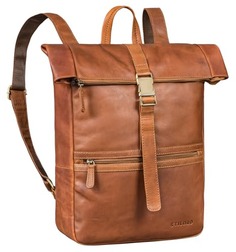 STILORD Cairo Vintage Kurierrucksack Rolltop Leder groß Herren Lederrucksack ideal als Bürorucksack Daypack und Fahrradrucksack Laptop-Rucksack 14-17,3 Zoll Farbe:cognac - braun