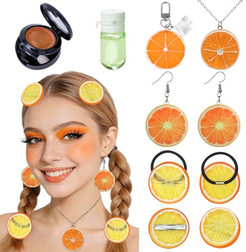 Henjunu 10 Stück Orange Karneval Kostüm Zubehör, Orangen Ohrringe, Orangenscheiben Elastische Haargummi, Haarklammern, Halskette, Obst Accessoires für Fasching Karneval Party Mottoparty