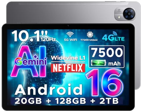 DOOGEE Tab G5 Android 16 Tablet 10 Zoll Gemini AI 20GB + 128GB (2TB TF) Unisoc T7200 7500mAh Tablet mit SIM Card Slot 120Hz IPS HD Display/ 8mm Ultradünn/ 2 Lautsprecher/Widevine L1/ Face ID/GPS
