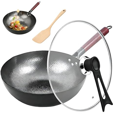 Wok con coperchio 32 cm, Wok martellato in acciaio al carbonio, Antiaderente naturale senza rivestimento, Manico in legno di acacia, Adatto a tutti i fornelli
