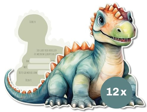 FLYERALARM Dino Einladungskarten Kindergeburtstag I 12 bunte Geburtstagseinladungen für Mädchen und Jungen (18cm x 13,8cm) Starkes mattes Papier mit fröhlichen Motiven für Kinder