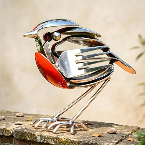Aukojoy Robin Bird Statue,Scrap Metal Art Decor for Indoor Home Art Decor,Handmade Recycled Fork & Spoon Bird Statue,Rustic Red Chest Robin Figurine, Garden, Patio, or Office Desk,robin gift