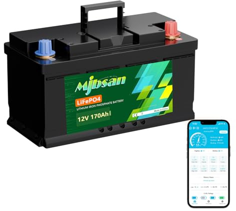 Mjbsan 170Ah 12V Bluetooth LiFePO4 Batteria, 190mm Altezza Sottoscocca Litio Batteria con Smart 150A BMS, Protezione a Bassa Temperatura, 2176Wh Energia Batteria al Litio per Camper, RV, Roulotte
