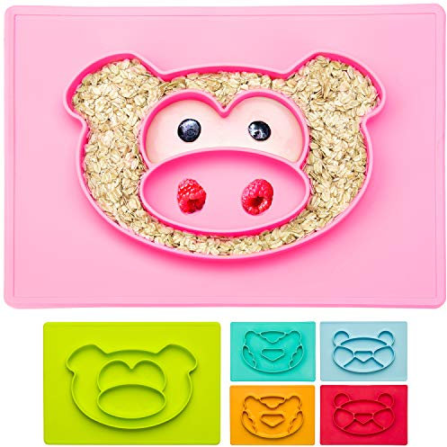 all Kids United® Kinder Essmatte aus Silikon; Essen Lernen leichtgemacht; Tisch-Set Platzteller Anti-rutsch-Fester Babyteller Kinder Teller (Schwein Pink)