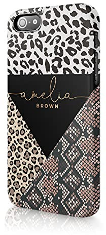 Tirita Personalised Compatible with iPhone 5 / 5s / SE 2016 Hard Case Cover PRINTED GLITTER, NOT REAL GLITTER Animal Print Snake Rose Gold Leopard Skin Giraffe Tiger Africa Custom Initials Name Bling