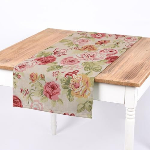 SCHÖNER LEBEN. Tischläufer Blumen Rosen beige grün rot