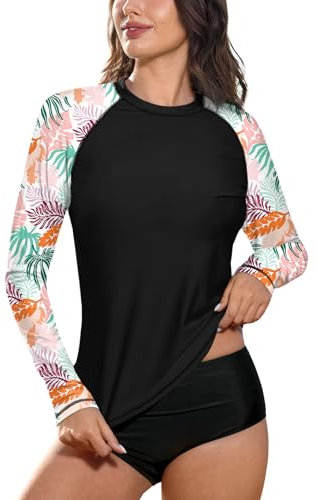 BesserBay Damen Bademode Rash Guard UV Shirts Langarm Tankini UPF 50+ Schwarz Gr.- 42 EU/XL