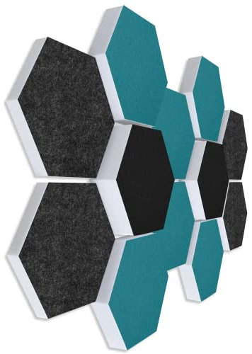 platino24 Akustikpaneele 12 Elemente Colore Waben Ø 30 cm Anthrazit + Schwarz + Petrol I Schallabsorber aus Basotect® G+ mit Akustikfilz I Schalldämmung Wand & Decke I Akustikelement Wandpaneel