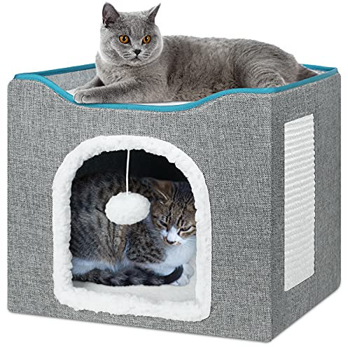 BRIAN & DANY Foldable Cat Cave Bed, Cube House with 2 Reversible Pads & Cat Ball, 40 x 40 x 32 cm, Grey