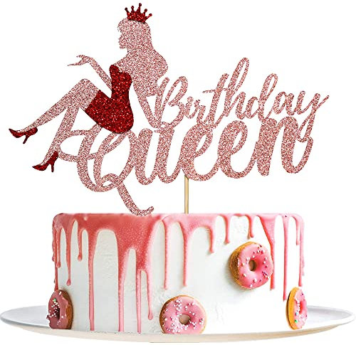 Migeaks Birthday queen cake topper crown high heels girl glitter cake decoration birthday party cake decoration (Rose gold)
