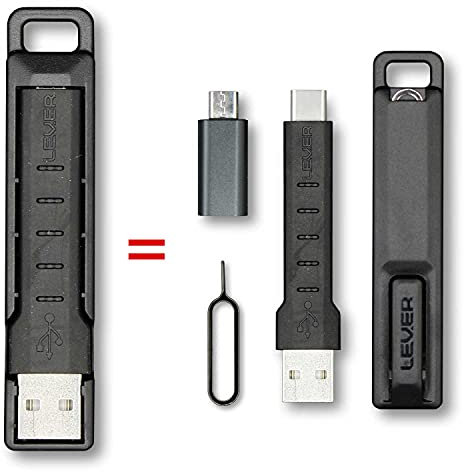 Lever Gear CableKit – 2-in-1 Schlüsselanhänger USB-Lade- und Datenkabel USB A auf USB-C Kabel plus Micro USB Adapter Inklusive Schlüsselring-Tragetasche und SIM-Kartenwerkzeug (Micro-B Adapter