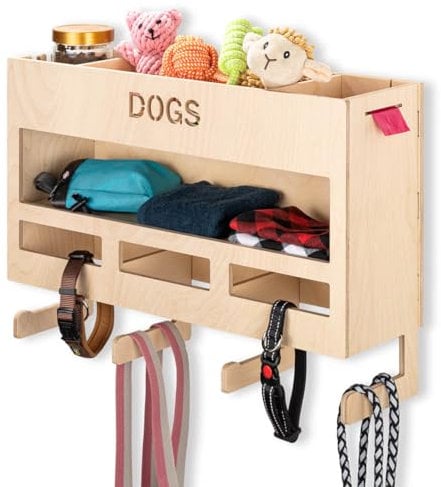 INEXTERIOR Hundegarderobe XXL - aus Holz - Handgefertigt in Deutschland - Mit großer Ablage und Kotbeutelspender - Garderobe für Hundeleinen (Natur)