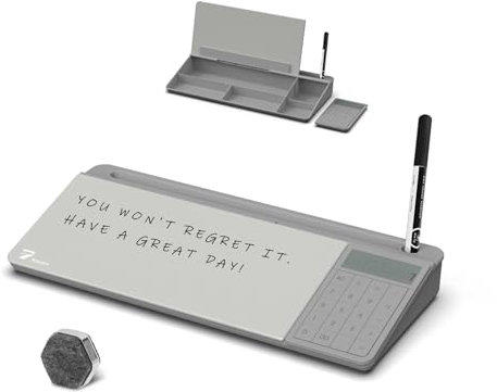 TOWON Desktop Glass Whiteboard with Basic Calculator, 12 Digit LCD Display, Desk Organizers with Accessories for Office, Home, School Supplies, Storage with Dry Erase Board Surface, Gray, 18'' x 6''