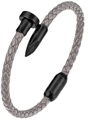BIYONGDE Mens Womens Braided Leather Bangle Bracelet, Stainless Steel Black Nail Charm, Magnetic Clasp, no gemstone,