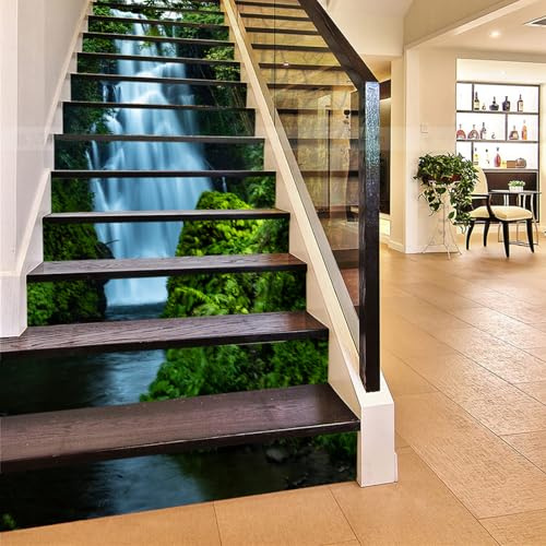 FLFK 13pcs 3D Grüner Wald Wasserfall Landschaft selbstklebende Treppenaufkleber Schälen und kleben Treppenstufen Abziehbilder für Heim Schul dekoration 39,3x 7