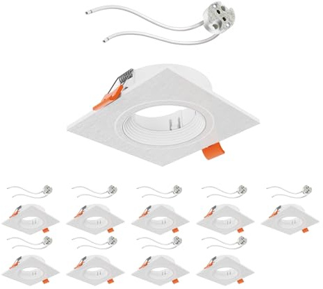 ledscom.de 10x Decken- Einbaurahmen KUN, eckig, schwenkbar (MR16/PAR16/50mm) + GU5.3 Fassung