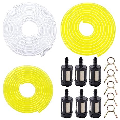 VooGenzek 9 Pezzi Tubi Del Carburante Set, 1.5m Tubo Giallo Trasparente (2 x 3.5mm, 2.5 x 5mm, 3 x 5.5mm) + 6 Pezzi Filtro, per Decespugliatore, Tosaerba, Tubo in PVC, Tubo Dell'olio
