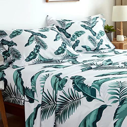 California King Bed Sheets Set 4PC- Soft Cooling 1800 Thread Count Microfiber Boho Printed Sheet, 8 - 17 Deep Pocket Breathable, Wrinkle Free, Machine Washable Tropical Palm Tree Plant Bed Sheets