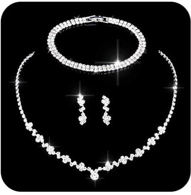 Ushiny Glitter Braut Schmuck set Silber Strass Hochzeit Schmucksets Brautjungfer Halskette Ohrringe Armbänder Sets für Damen (Silber)