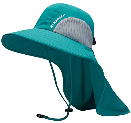 Bassdash Unisex Sonnenhut UPF 50+ Angelhut wasserabweisend breite Kremp mit großem Nackenschutz Pferdeschwanz Herren Damen