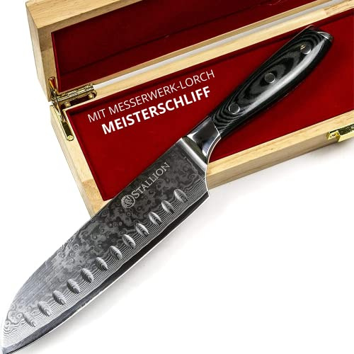 Stallion Wave Damastmesser Wave - Santokumesser, 17,5 cm Klinge aus Damaststahl - mit MEISTERSCHLIFF