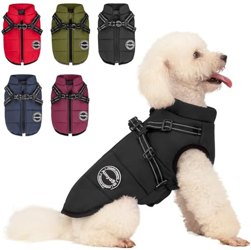 Aimydog Hundemantel Winter, Wärme Hundejacke Mit Brustgurt Gurt Winddichte mit bauchschutz, Haustier Outdoor Reflektierend Hundeweste mit Fleece Gefütterte für Kleine (Schwarz, S)