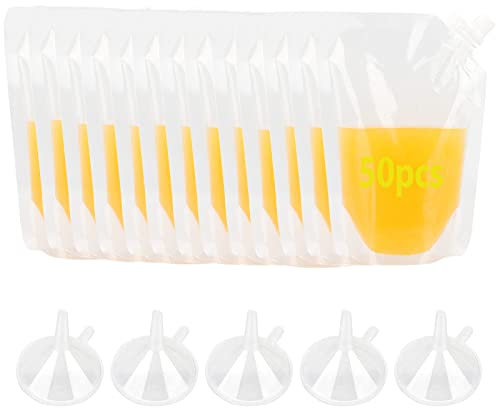 HAKZEON 50 PCS 350ML Drink Pouches for Festival, Clear Reusable Liquor Pouch Drink Flask with Spout and Funnel, Hand-Held Stand up Bag Travel Drinks Container Bags Leak Proof for Hot Cold Beverage